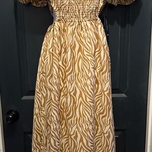 NWT- Women’s Zebra Print Off-Shoulder Dress with openings on each side.